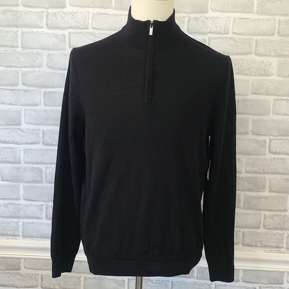 Saks Fifth Avenue Black Sweater Merino Wool Blend Pullover 1/4 Zip L NEW Staple - Picture 1 of 8